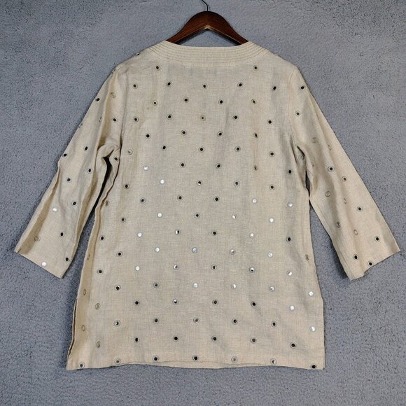 Michael Kors Top Women's Large Tan 100% Linen Sequence Mirror Work Tunic Coastal - Picture 2 of 12